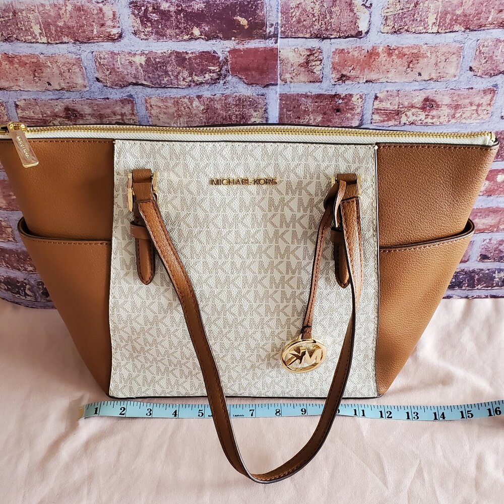 Michael Kors Charlotte Large Logo Monogram Top Zip Tote Bag (Vanilla) - Picture 1 of 6